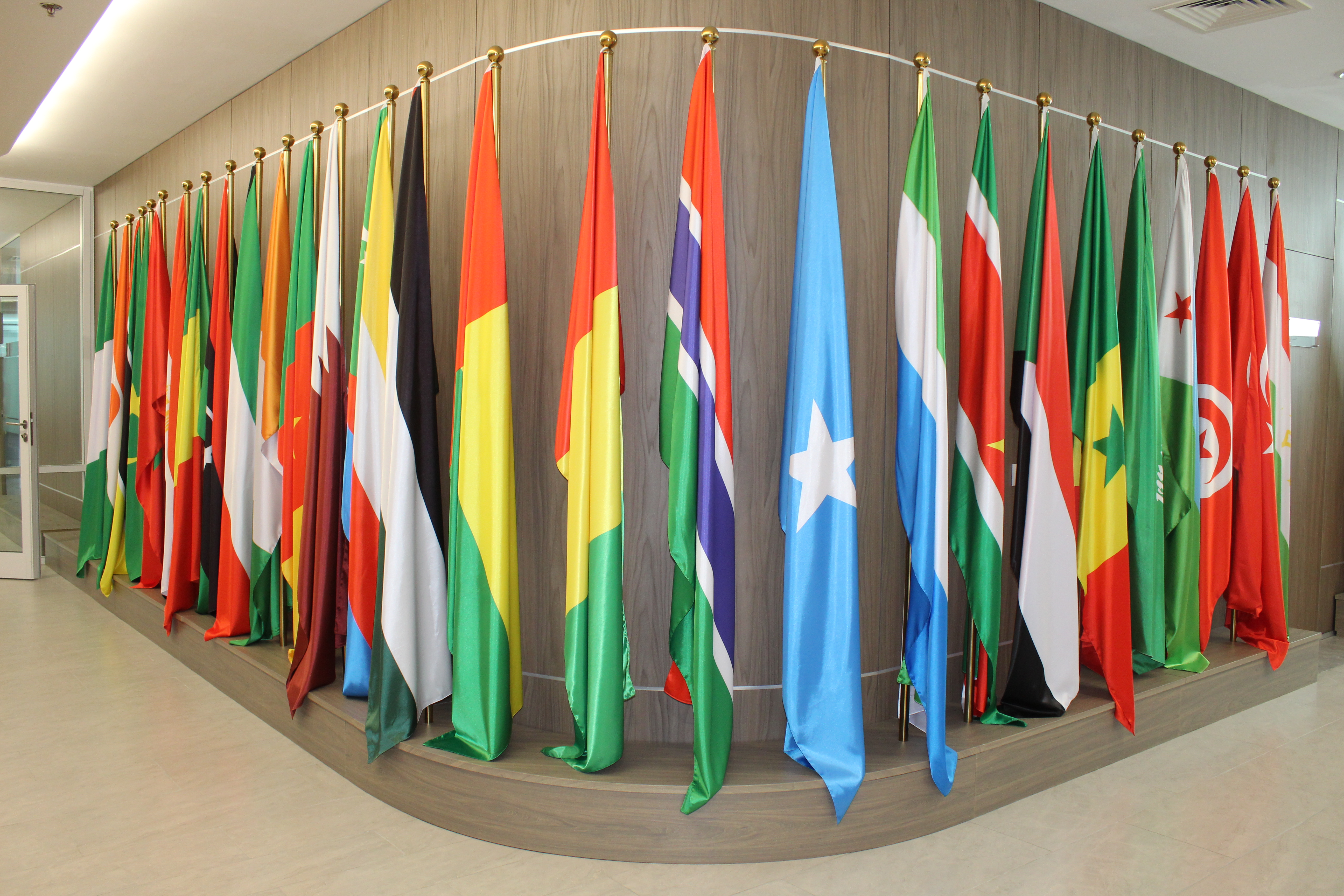 Flags of the member states of the Islamic Organization for Food Security at the Nur Sultan, Kazakhstan, office